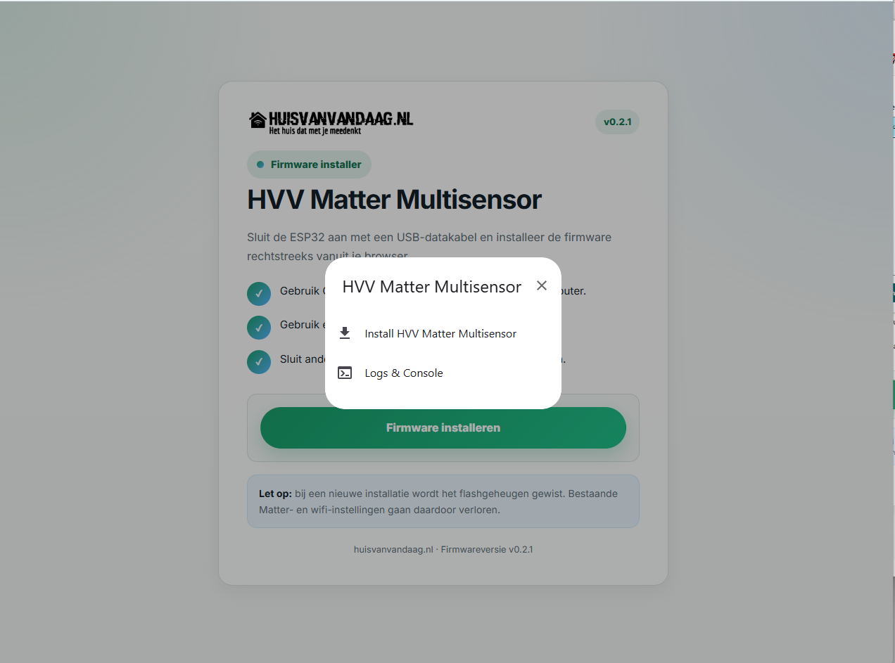 Web Installer waarmee je snel eenvoudig je eigen matter sensons installeert.